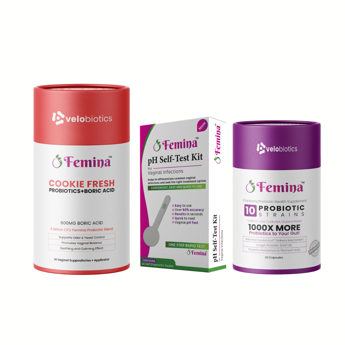 Femina Intimate Reset Kit (Starter Pack) – pH Self-Test + Boric Acid + Probiotic Capsules - Velobiotics