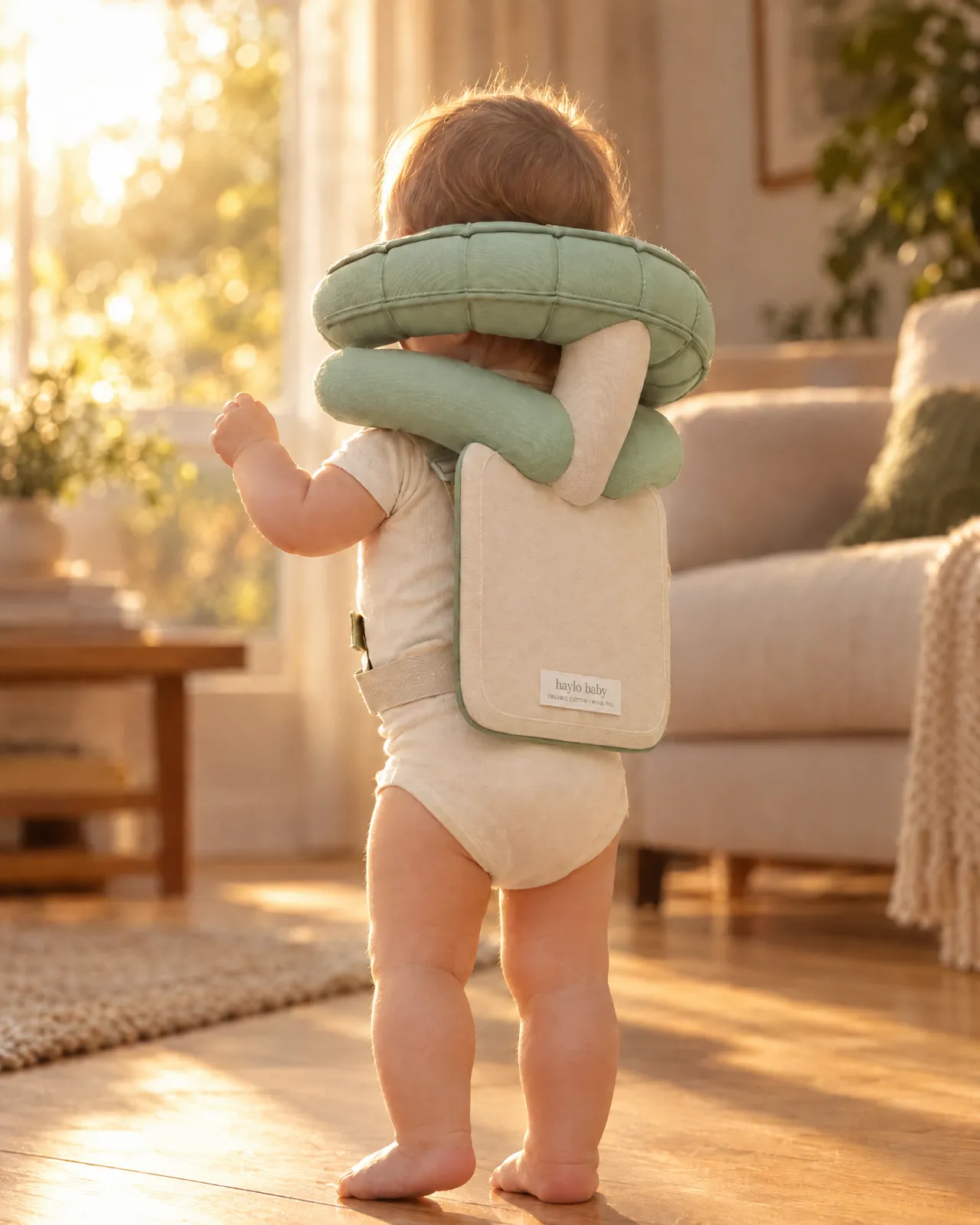 Baby at home wearing the organic cotton Haylo Baby head cushion