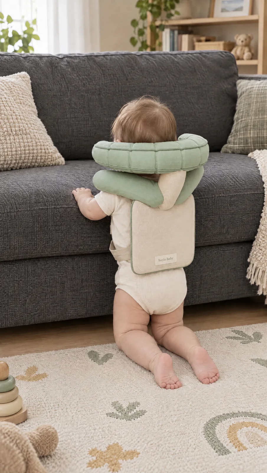 Baby wearing Haylo Baby while playing indoors