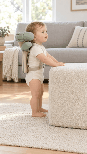 Baby standing at a pouf in a living room wearing the Haylo Baby head cushion