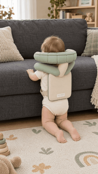 Baby kneeling at a sofa wearing the Haylo Baby head cushion, seen from behind