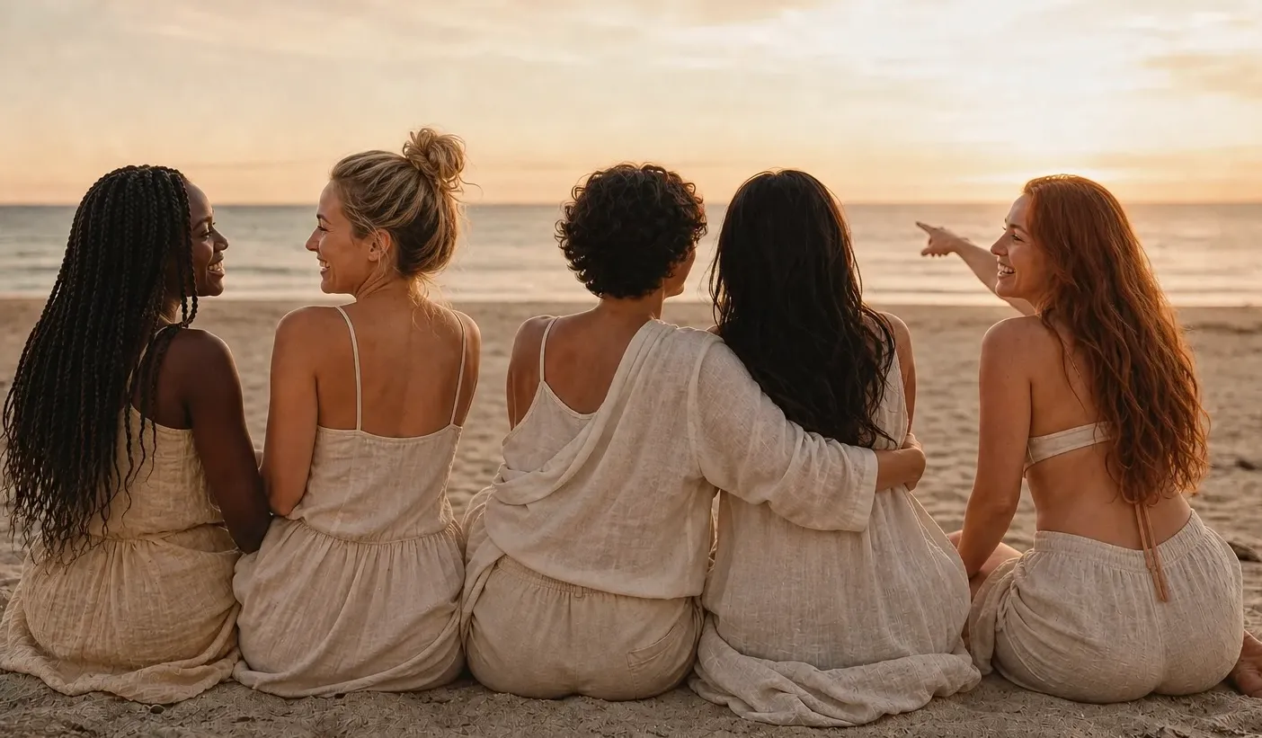 Five friends sitting together by the ocean, arms around each other, looking out at the beach view