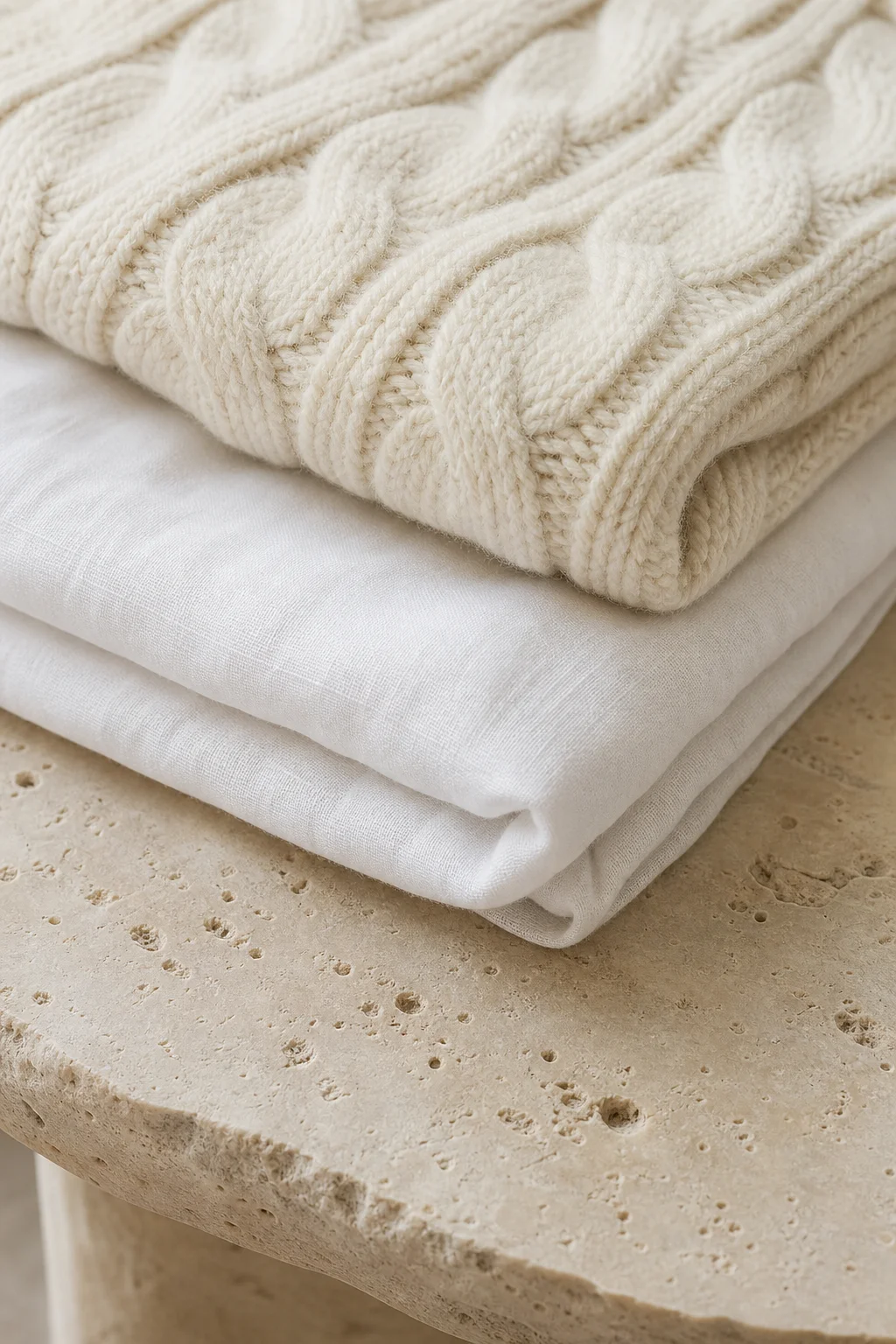 Folded ivory knit and white linen on a stone table