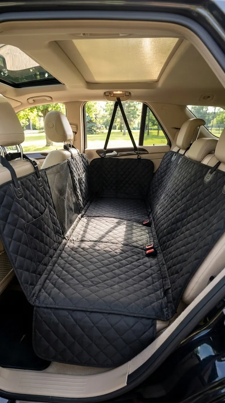 The Trailmate hammock installed across a back seat, sitting level from seat back to seat edge