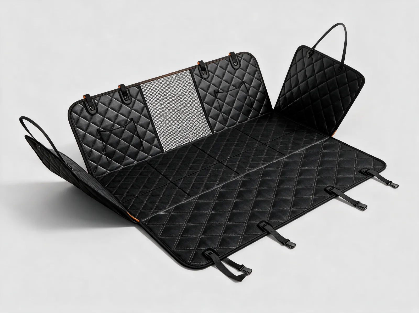 The hammock laid flat showing the mesh window, pocket, side flap and anchor straps