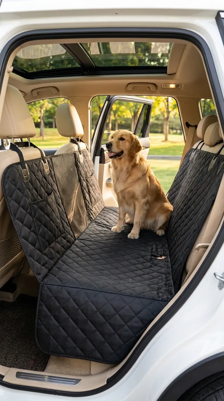 A dog settled on the Trailmate hammock during a drive