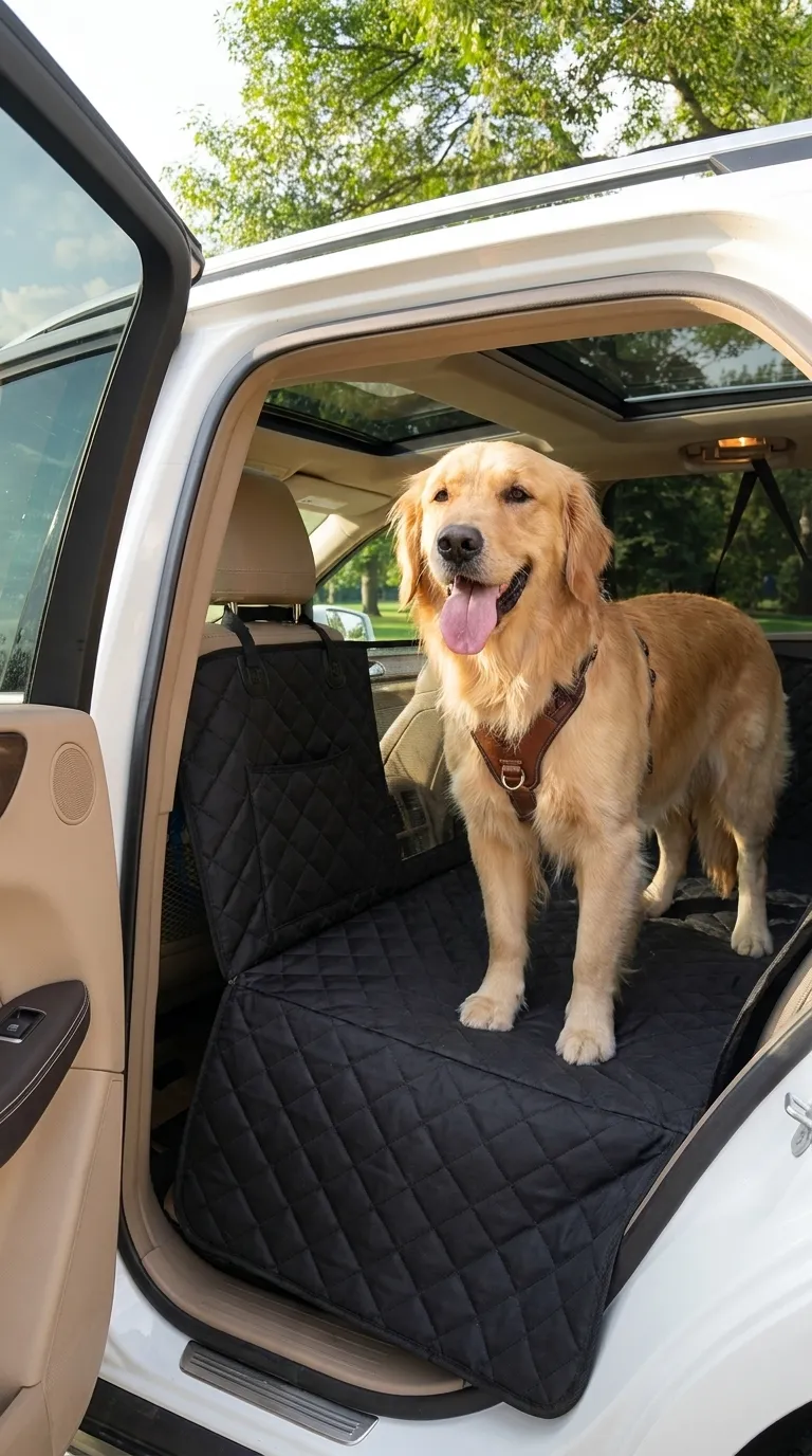 A dog standing on the Trailmate hammock in the back of an SUV