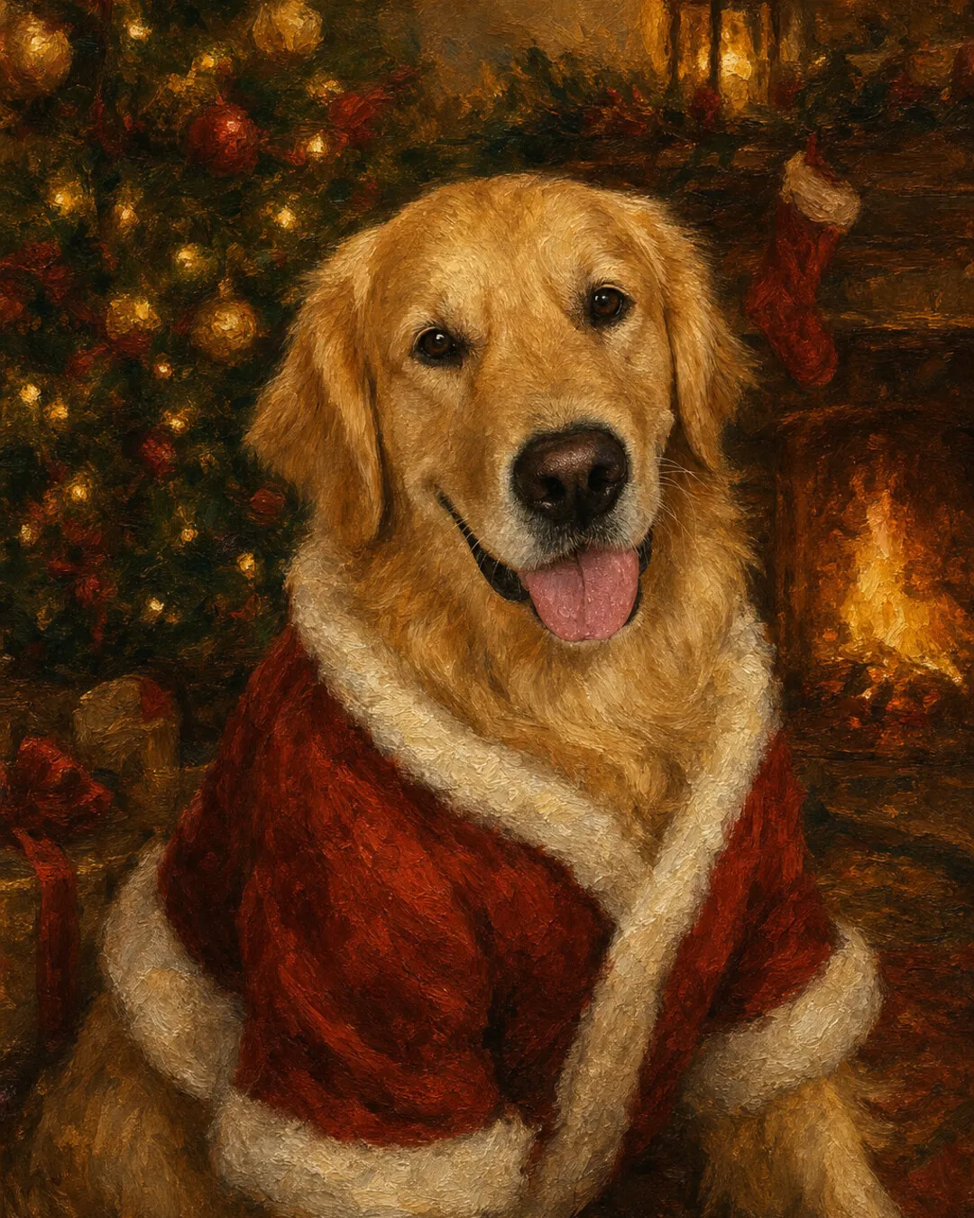 A golden retriever painted in a cozy Holiday style portrait, wrapped in a red robe by a decorated tree and fireplace