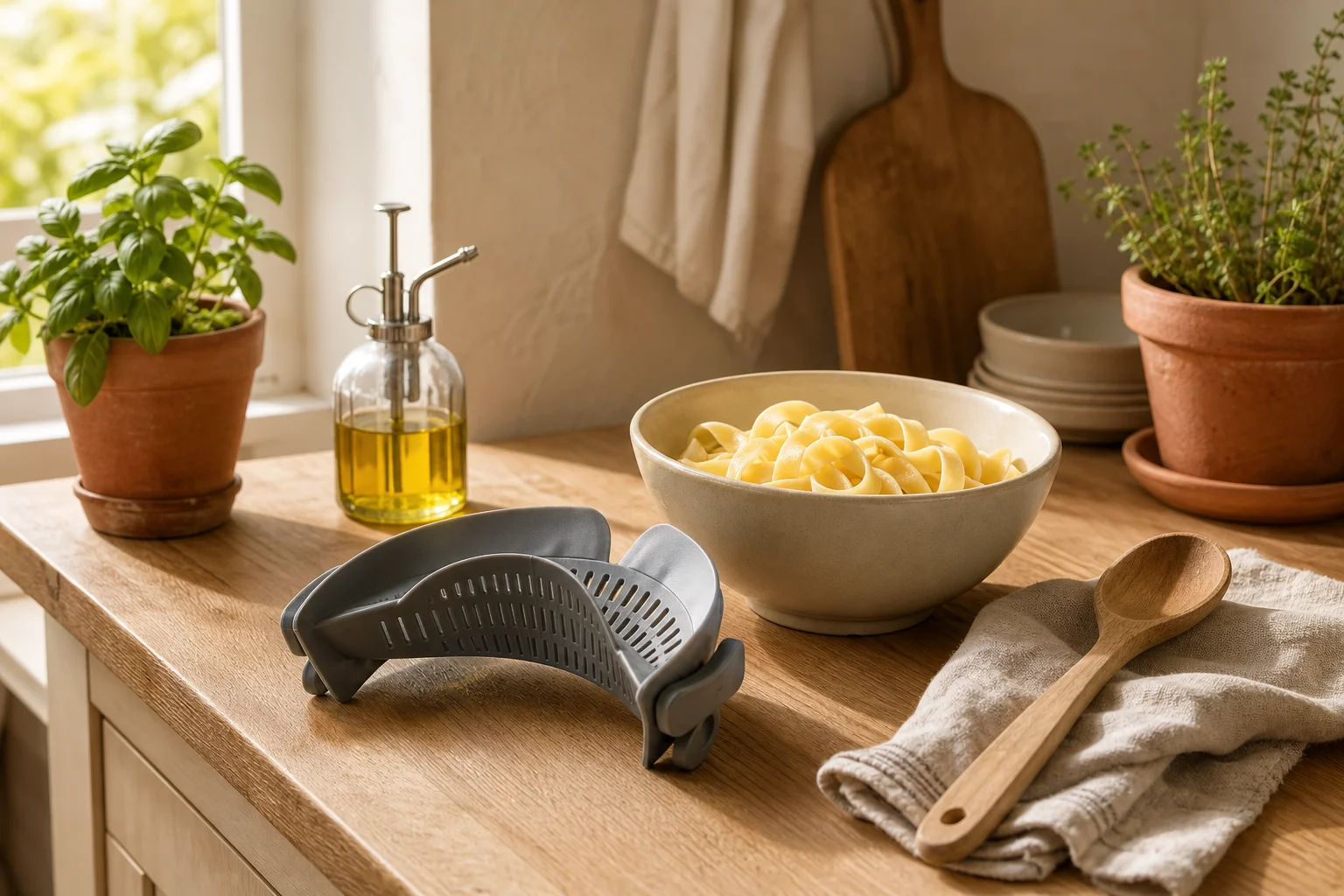 Kitchen tools on a warm wooden countertop