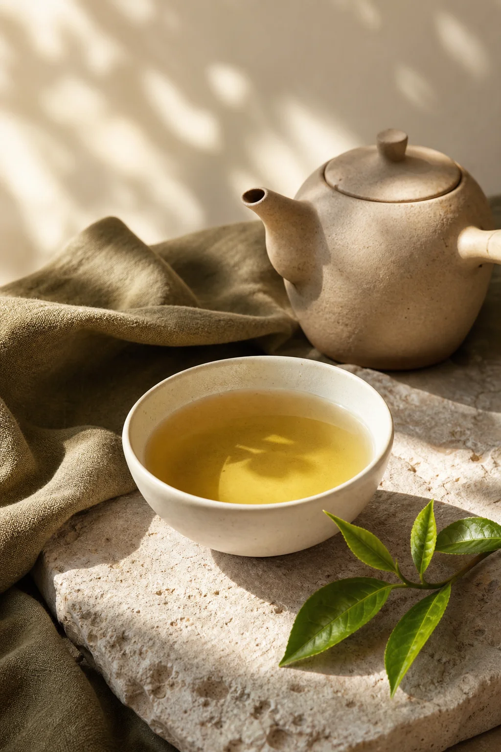 A cup of golden green tea with a ceramic teapot in soft morning light