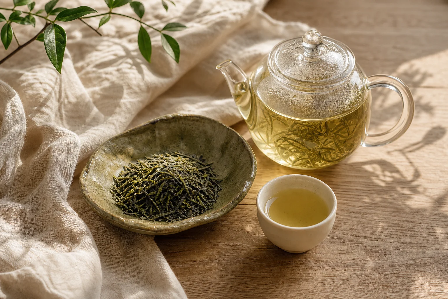 Loose green tea leaves, a glass teapot and a ceramic cup on natural linen