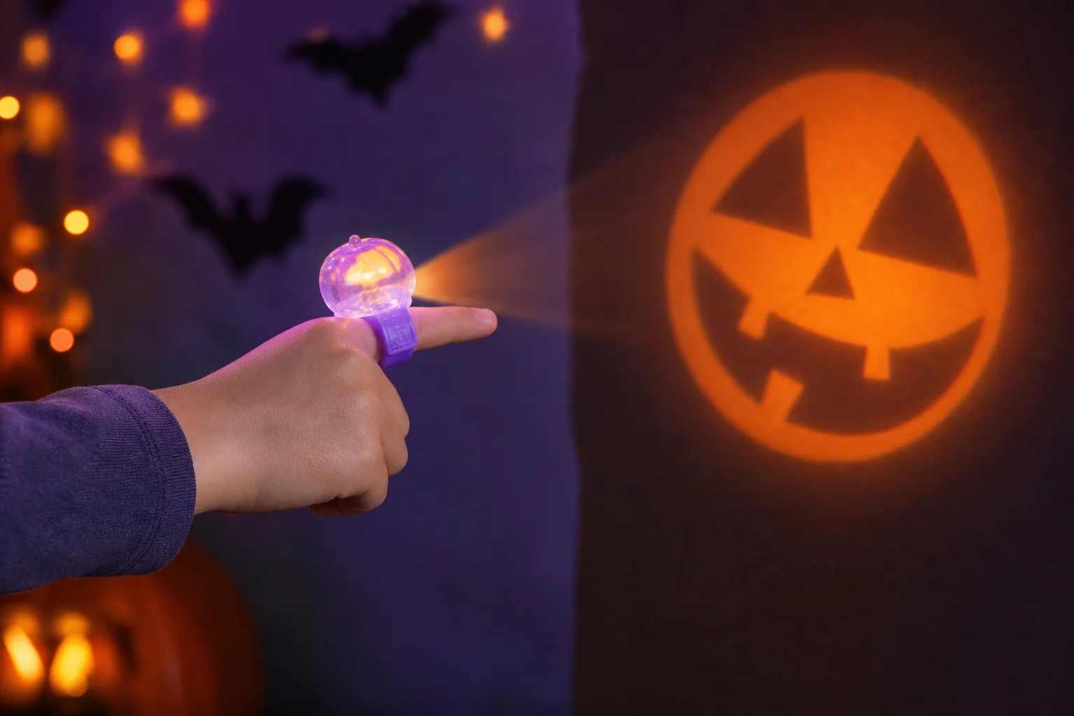Child's hand wearing a glowing Halloween LED finger light