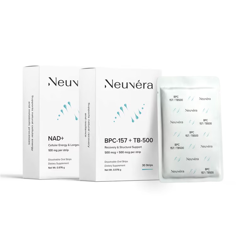 Neuvéra NAD+ and BPC-157 + TB-500 dissolvable oral strip boxes beside a foil strip sachet.