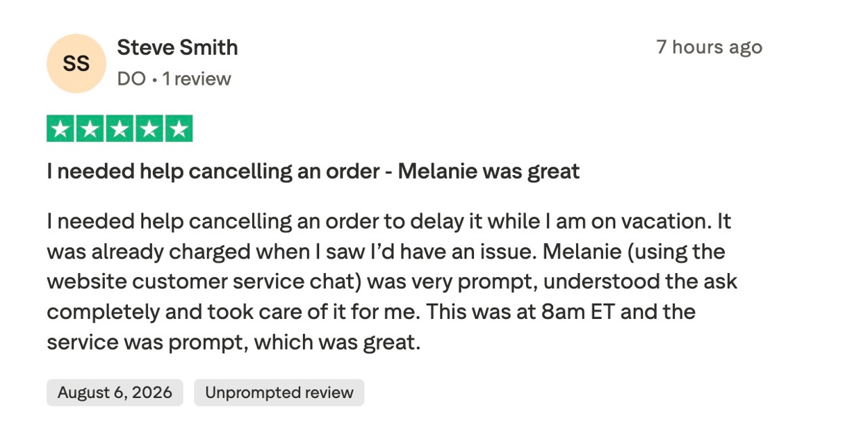 Five-star Trustpilot review from Steve Smith praising Eden customer service rep Melanie for quick order help.