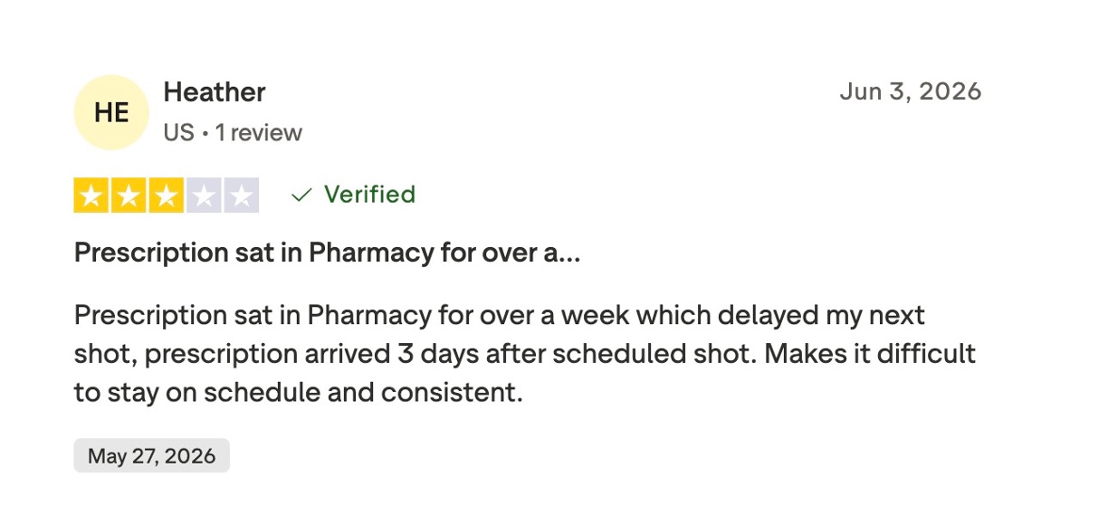 Three-star verified review from Heather describing a prescription delay that disrupted her treatment schedule.