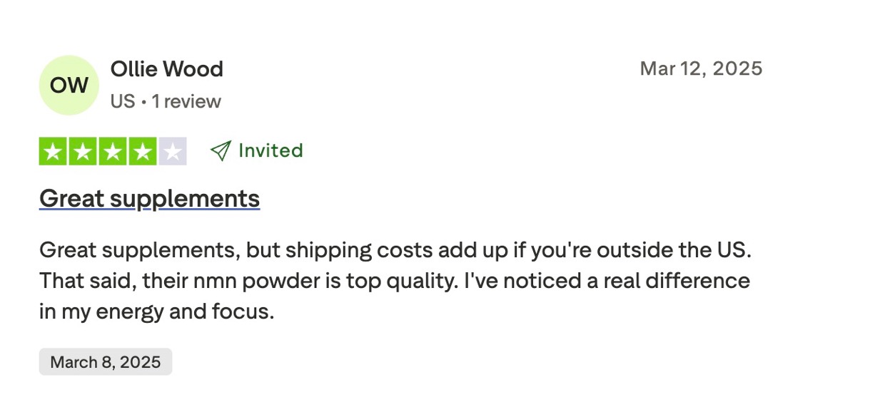 A Trustpilot 4-star review titled "Great supplements," praising NMN powder quality but noting high international shipping costs.