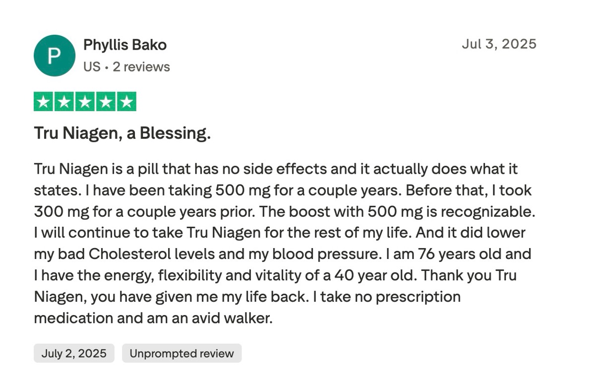 A 5-star Trustpilot review titled "Tru Niagen, a Blessing," crediting 500mg doses for energy and lower cholesterol.