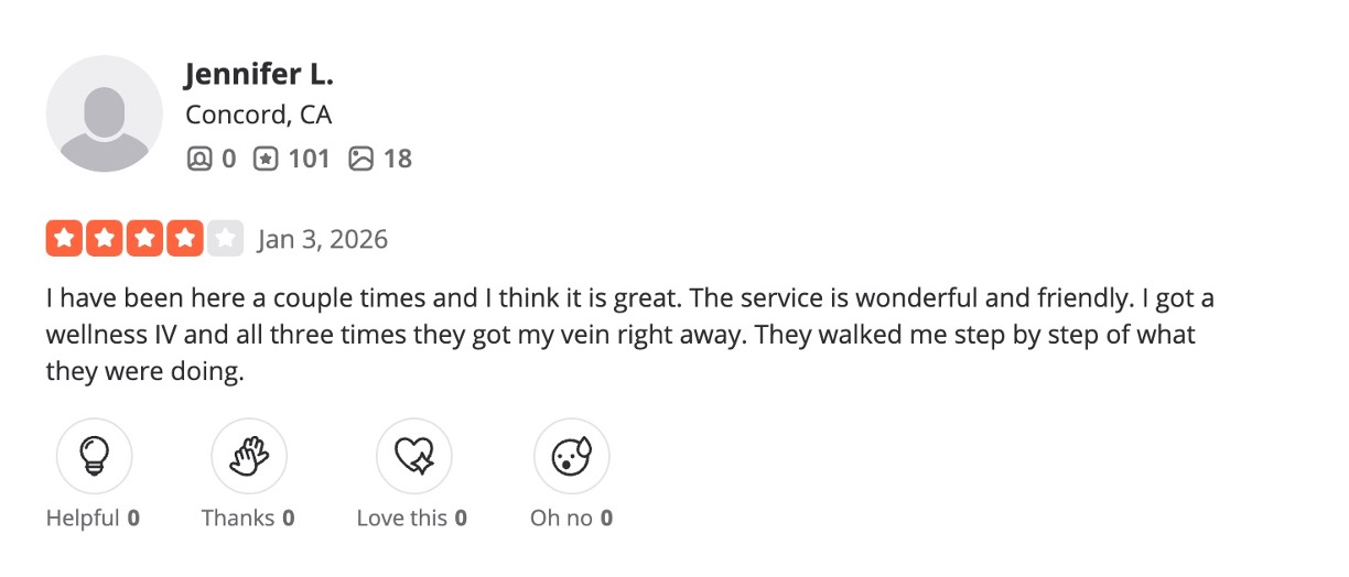 A 4-star Yelp review of Restore praising friendly staff who explained each step of a wellness IV.