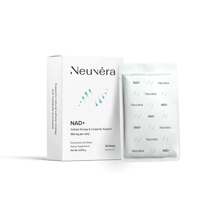Neuvéra NAD+ Cellular Energy and Longevity Support box with a sealed packet of 30 oral dissolving strips.