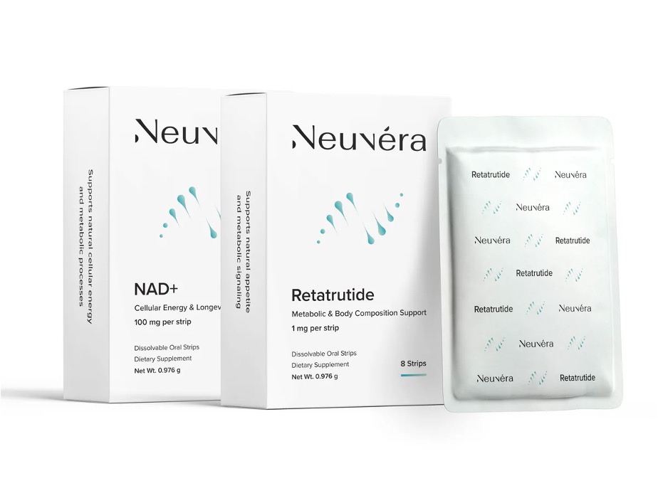 Neuvera oral dissolving strip products, including NAD+ and Retatrutide, shown in their packaging alongside a single-serve strip pouch