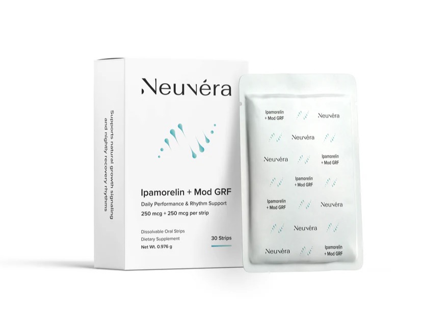 Neuvera Ipamorelin + Mod GRF oral dissolving strips, showing the daily format used for growth and recovery routines