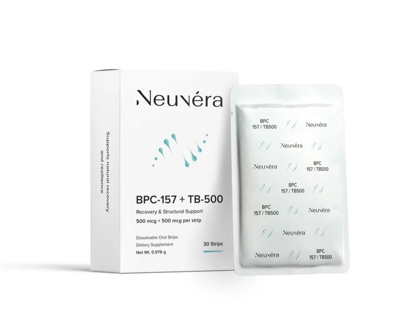 Neuvera BPC-157 + TB-500 oral dissolving strips, showing the format used for daily recovery and structural support routines