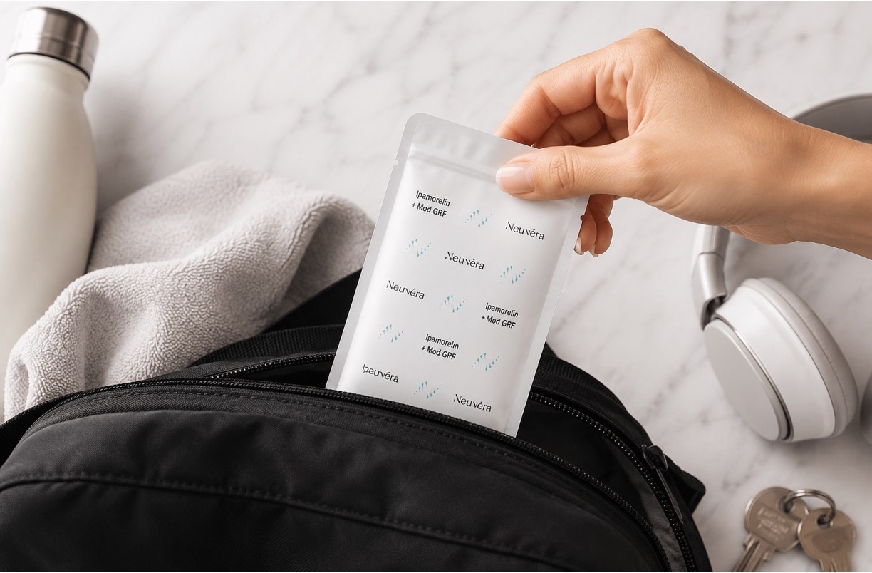 Hand placing a Neuvera Ipamorelin + Mod GRF strip pouch into a gym bag, showing how easily the format fits into daily routines