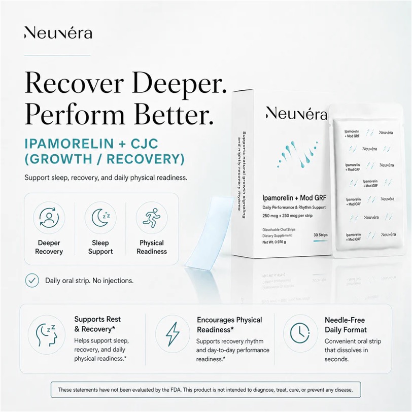 Neuvera Ipamorelin + Mod GRF graphic showing the strip's role in supporting recovery, sleep, and physical readiness
