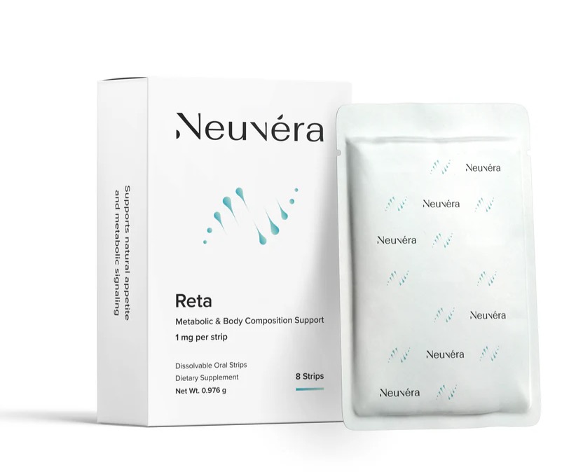 Neuvera Reta oral dissolving strips box and single-serve pouch, showing how Retatrutide is offered in a strip format