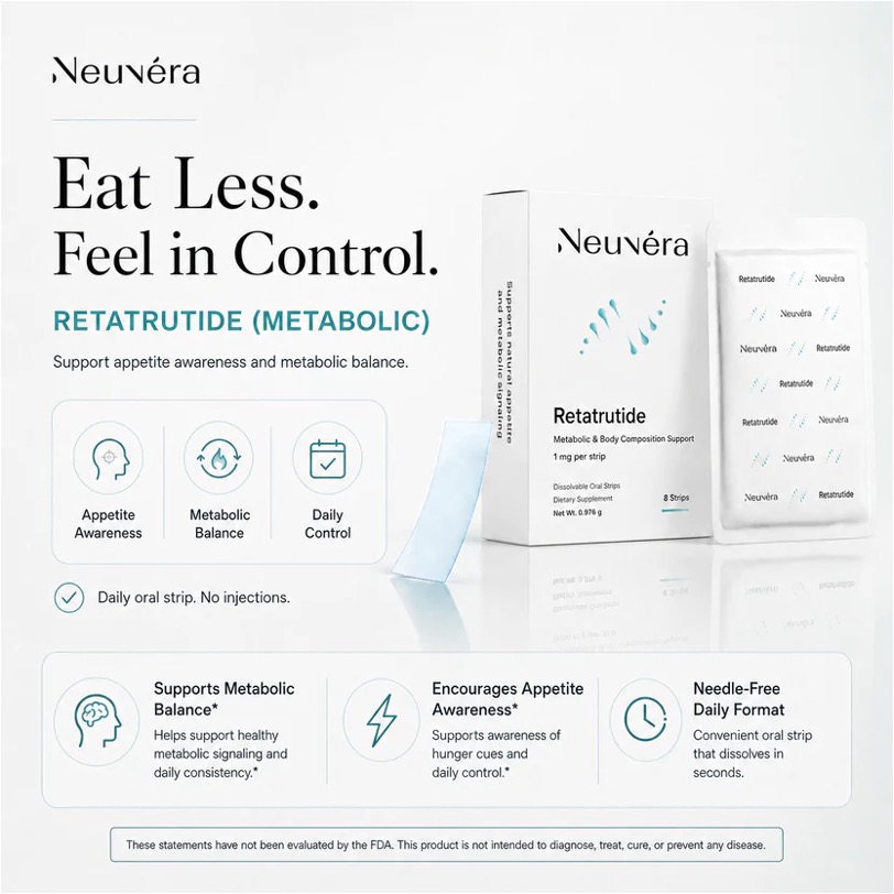 Neuvera Retatrutide oral dissolving strips graphic showing appetite awareness, metabolic balance, and a needle-free format