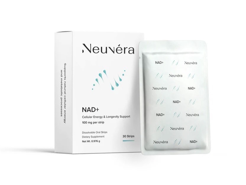 Neuvéra NAD+ oral strips product box displaying the 100 mg per strip dosage and 30-count format