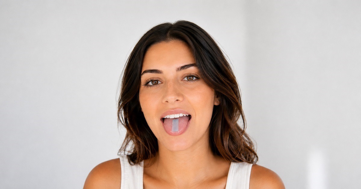 Woman placing a Semax oral dissolving strip on her tongue, showing the simple administration method