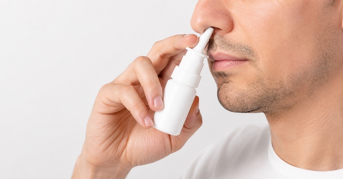 Man using a nasal spray, showing the administration method for Semax nasal spray