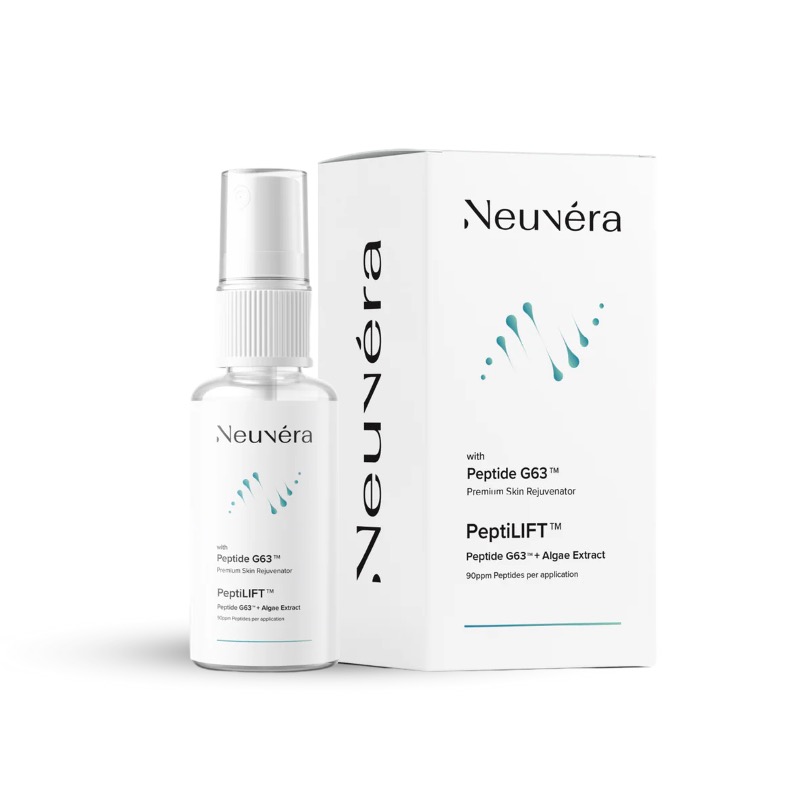 Neuvéra PeptiLIFT spray bottle and product box displayed against a black background