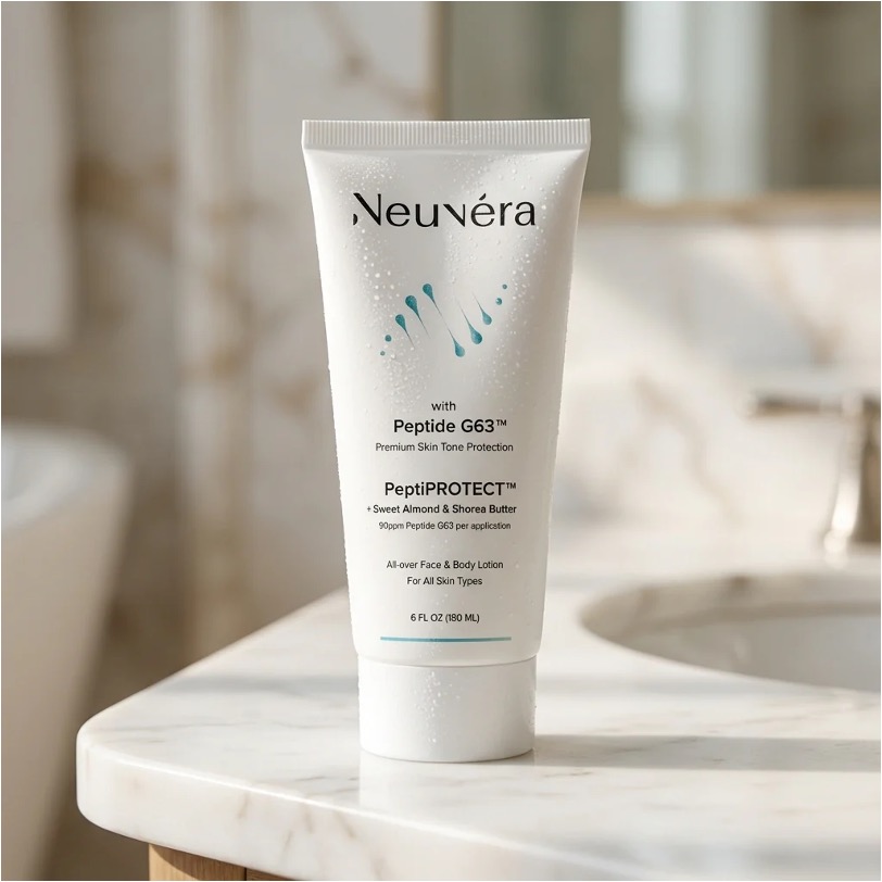 Neuvera PeptiPROTECT™ face and body lotion tube displayed on a marble bathroom countertop