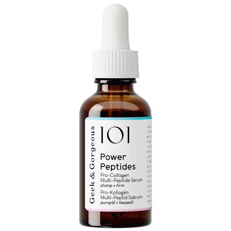 Geek & Gorgeous Power Peptides dropper bottle showing the pro-collagen multi-peptide serum formula