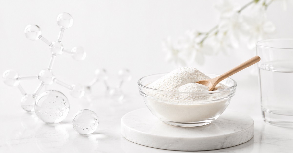 Bowl of collagen peptide powder with a wooden scoop and molecular structure visual on a white surface.