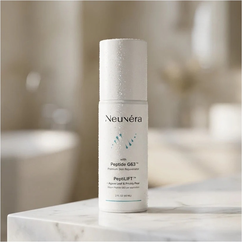 Neuvéra PeptiLIFT™ spray bottle showing Peptide G63 and Agave Leaf and Prickly Pear as key ingredients