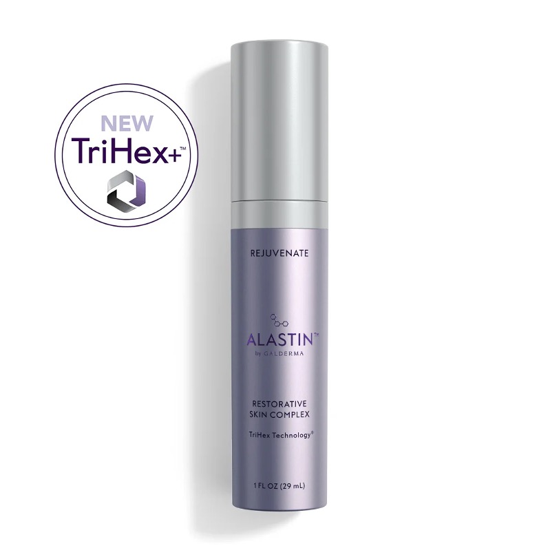ALASTIN Restorative Skin Complex bottle showing the TriHex+ proprietary peptide technology for volume support.
