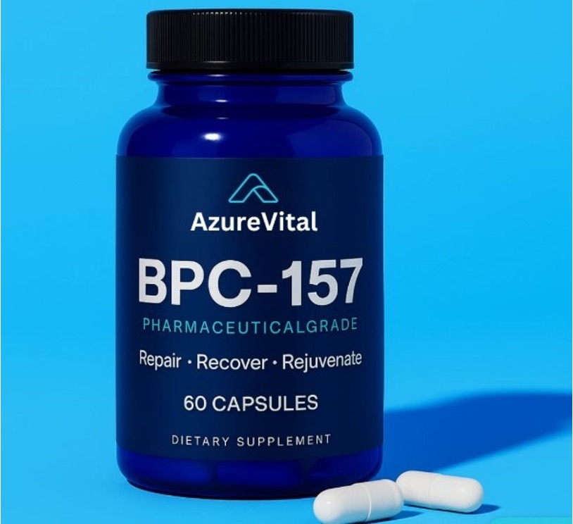 Blue AzureVital BPC-157 supplement bottle, 60 capsules, with two white capsules in the foreground
