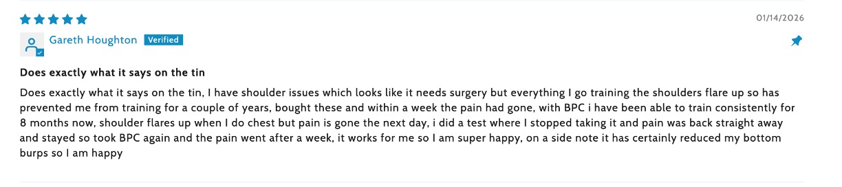Five-star verified customer review from Gareth Houghton describing relief from shoulder pain after starting the supplement.