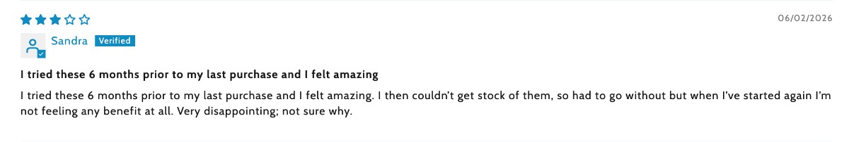 Three-star verified customer review from Sandra, noting strong results on her first round but no benefit after restarting.