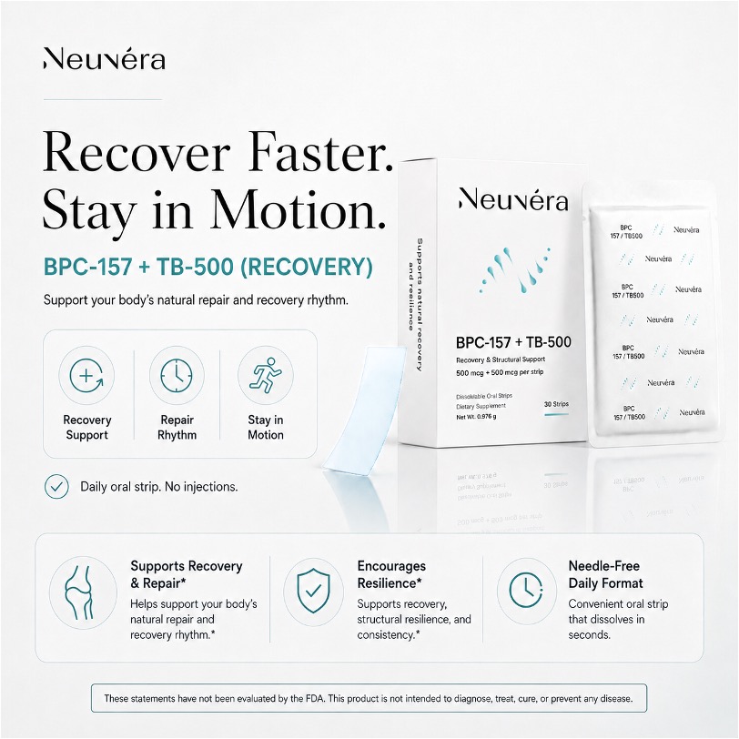 Neuvéra BPC-157 + TB-500 oral strip packaging with infographic listing recovery, repair, and resilience benefits.