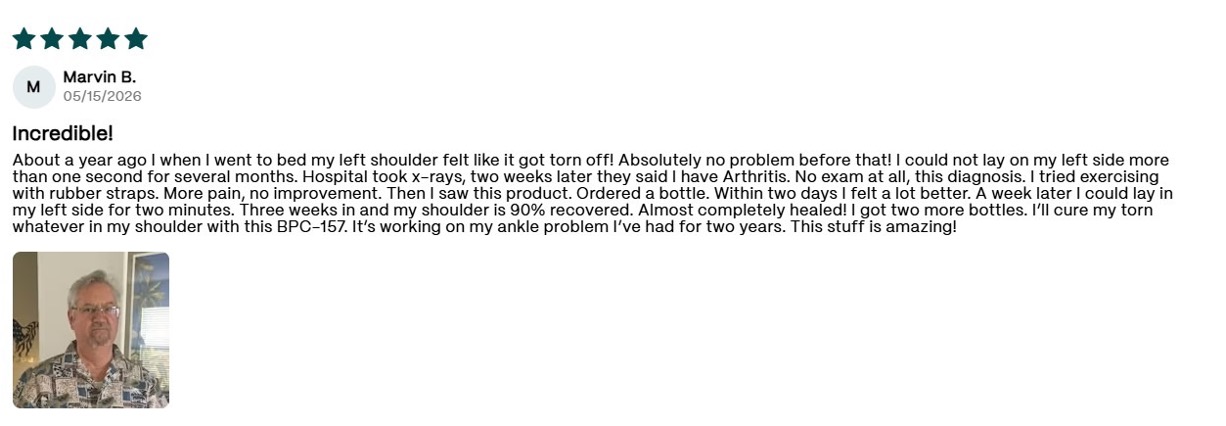 A five-star customer review with a reviewer photo, describing positive results over a few weeks