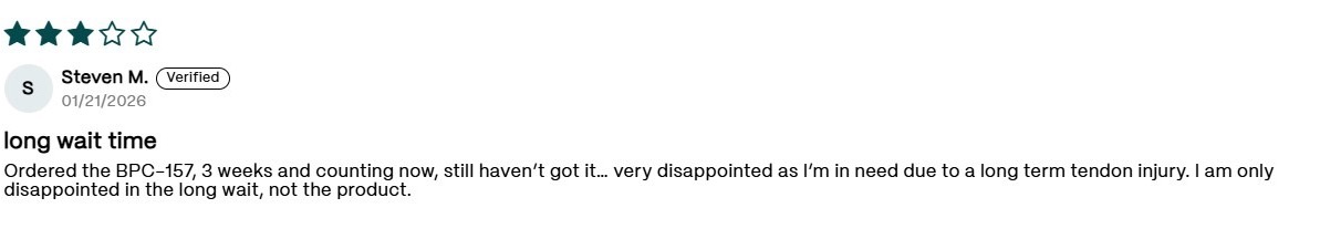 A verified customer review with a three-star rating and a comment about shipping time