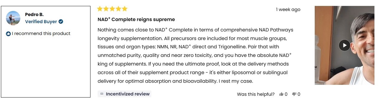 Five-star verified buyer review from Pedro B. recommending NAD+ Complete, with a video testimonial thumbnail.