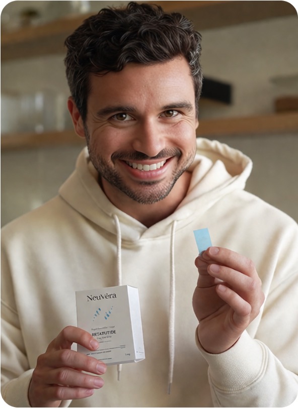 Smiling man in a cream hoodie holding a Neuvéra box and a single dissolvable oral strip.