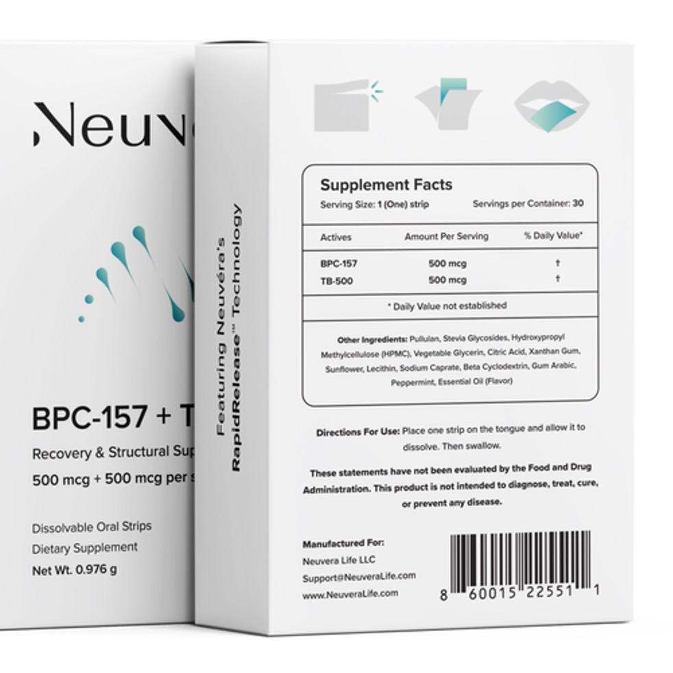 Neuvéra BPC-157 + TB-500 oral dissolving strips box featuring RapidRelease™ technology.