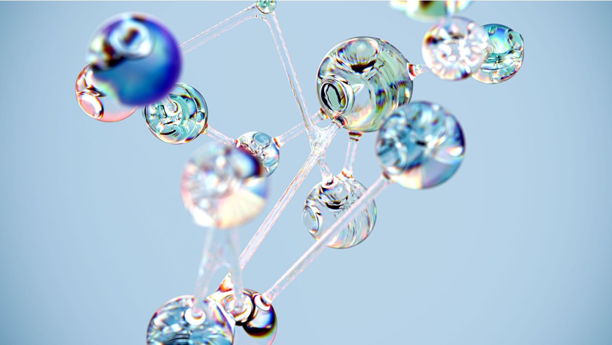 3D render of a peptide molecule made of clear, iridescent spheres.