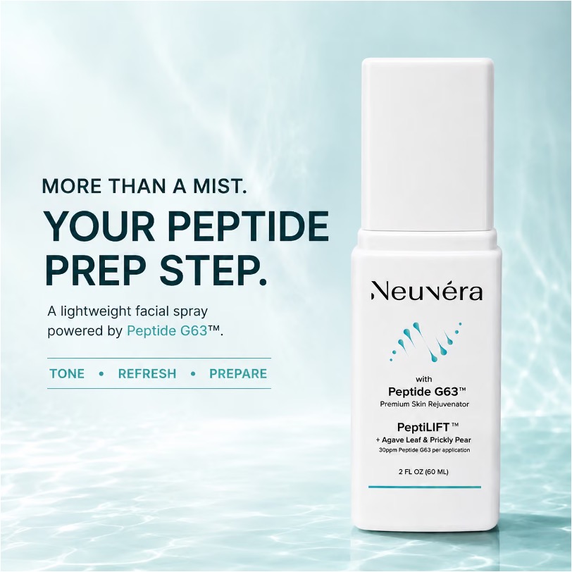 Neuvera PeptiLIFT bottle beside text reading "More than a mist. Your peptide prep step."